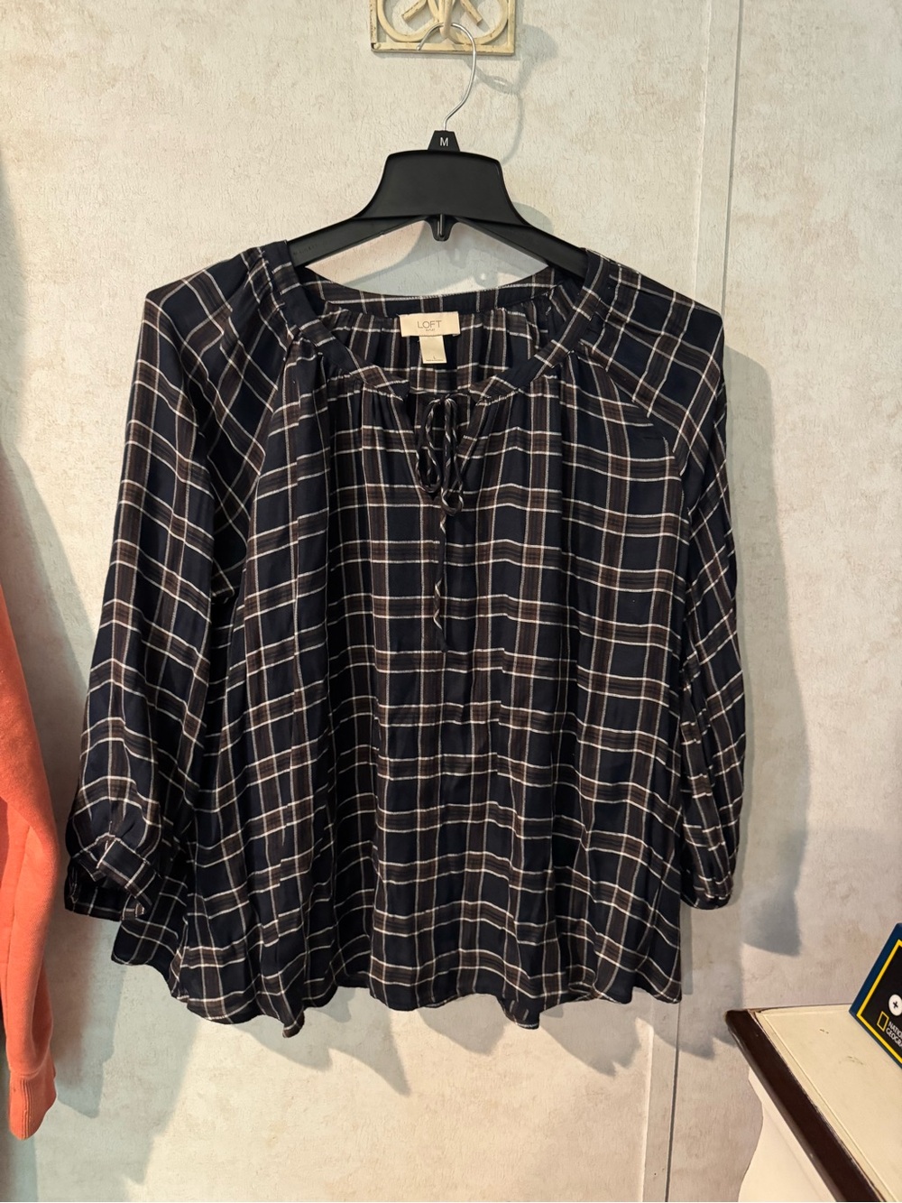 LOFT Navy and White Plaid Tie-Neck Blouse